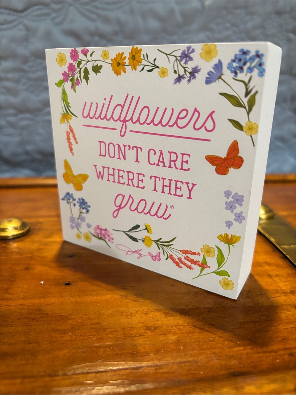 NEW Dolly Parton 4x4 wood Wildflowers Decorative Box Sign - Pink Floral Design